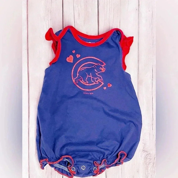 Baby Girl Genuine Merch. Chicago Cubs Ruffled Romper Red Blue Baseball 3-6Mon - Picture 2 of 6